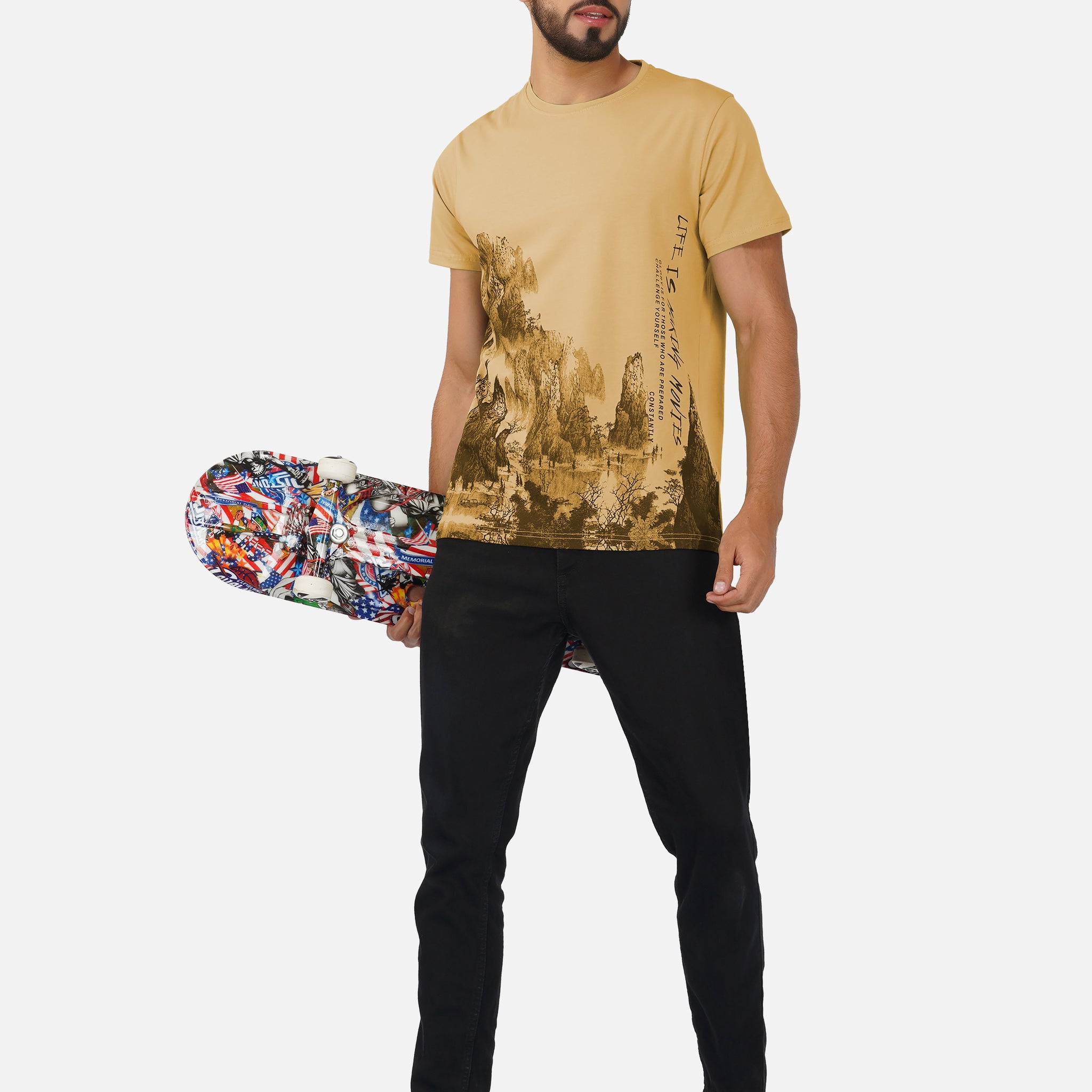 LIFE IS MAKING MOVIES MOUNTAIN PRINT ROUND NECK TSHIRT CAMEL COLOR