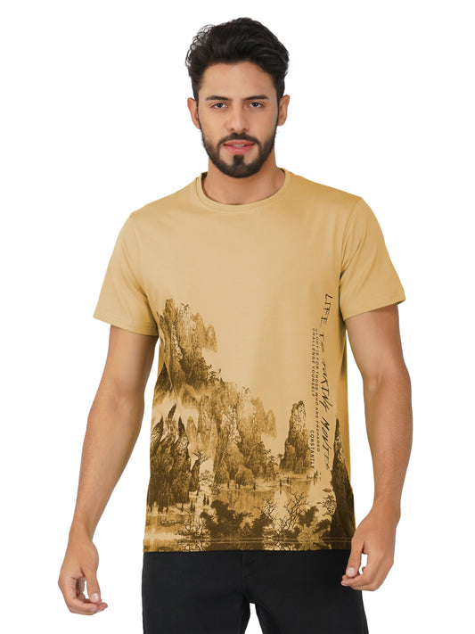 LIFE IS MAKING MOVIES MOUNTAIN PRINT ROUND NECK TSHIRT CAMEL COLOR