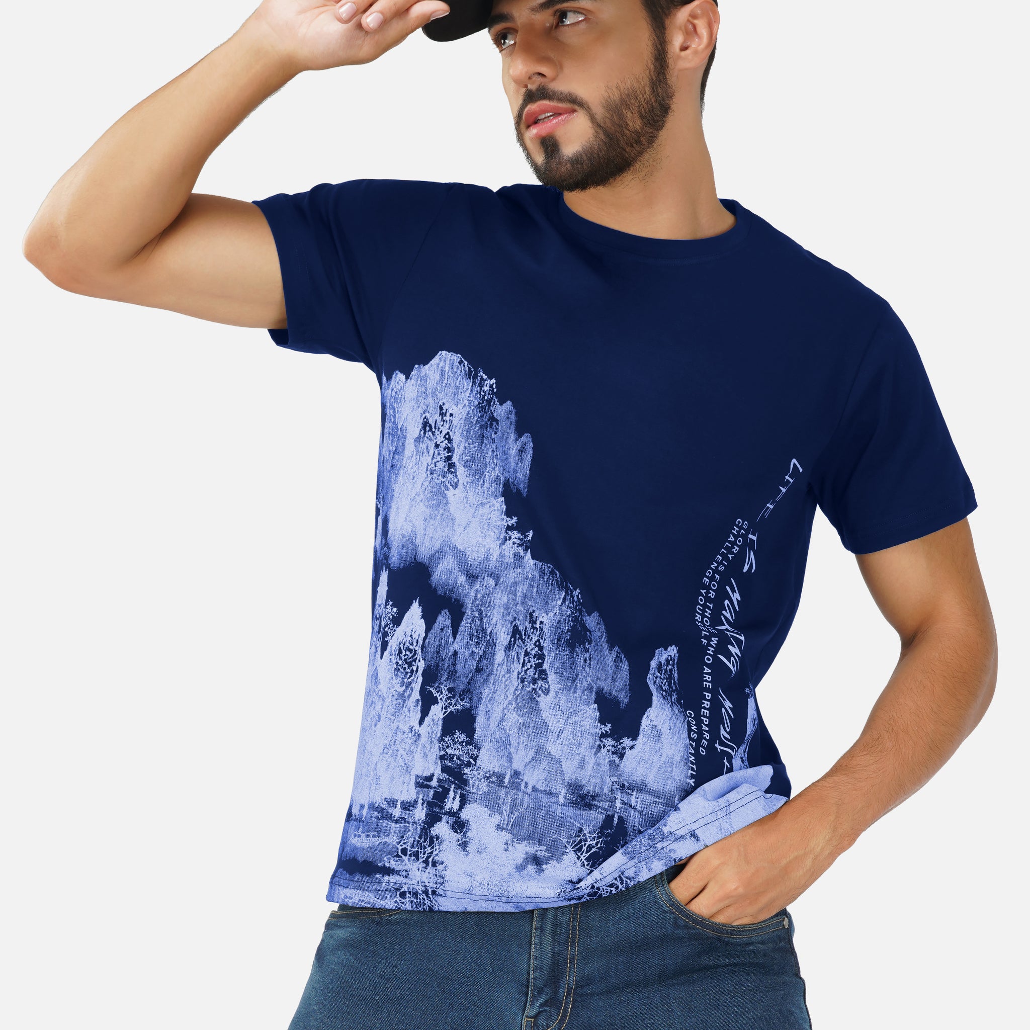 LIFE IS MAKING MOVIES MOUNTAIN PRINT ROUND NECK TSHIRT NAVY COLOR