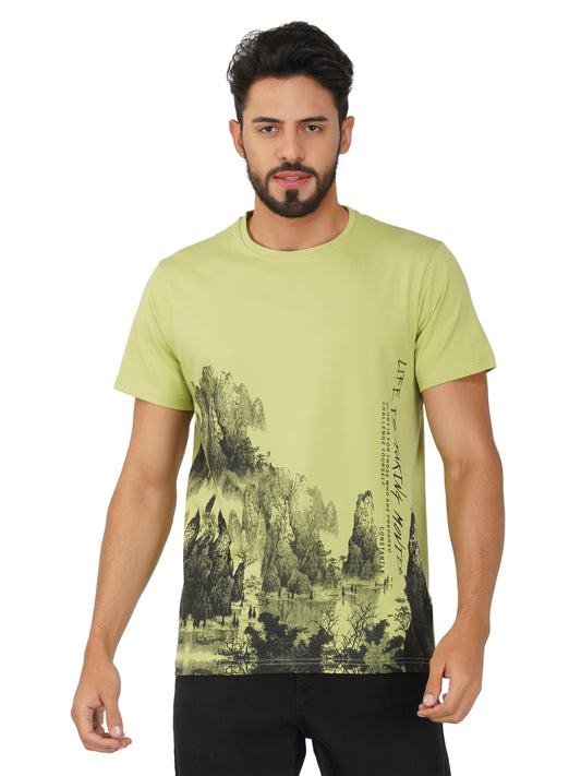 LIFE IS MAKING MOVIES MOUNTAIN PRINT ROUND NECK TSHIRT PASTEL GREEN COLOR
